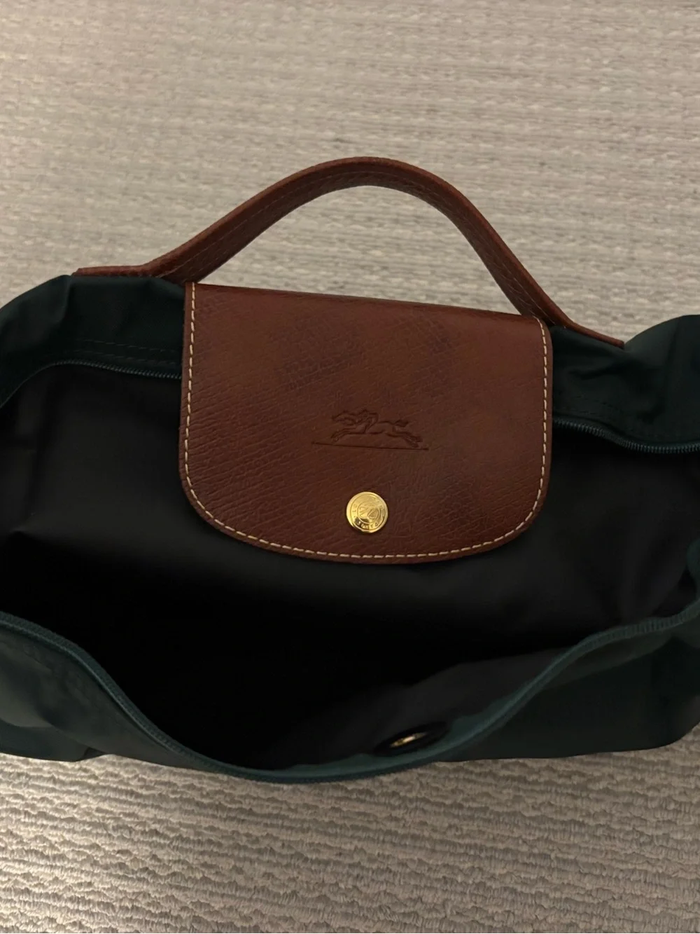 Longchamp Le Pliage Nylon Briefcase. Hunter Green with Brown Leather Handle